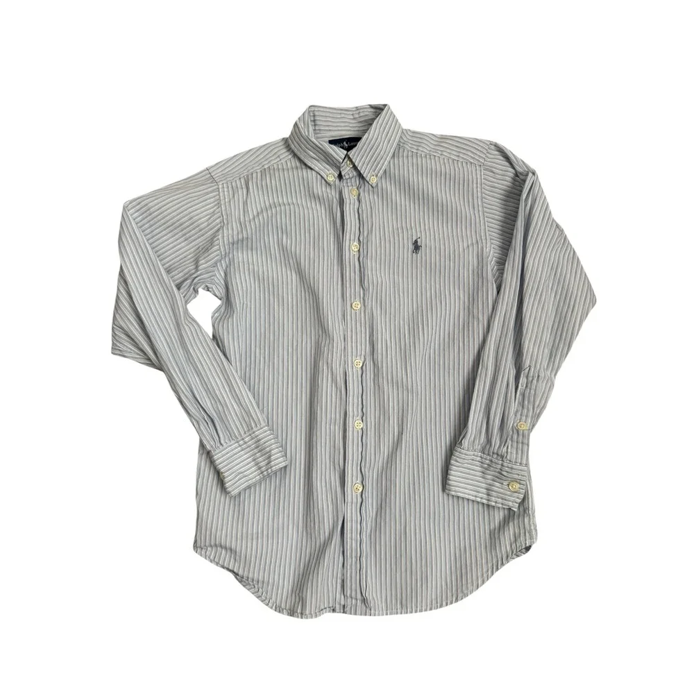 Ralph Lauren Boys Striped‎ Button Down Shirt Blue White Pony Logo Size M (10-12)